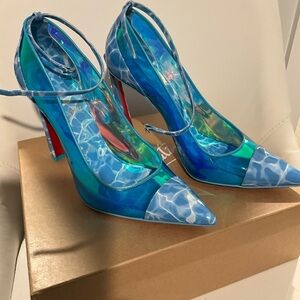 Beautiful Iridescent Spike PVC and Patent Blue Ocean Ankle Strap 💕💜